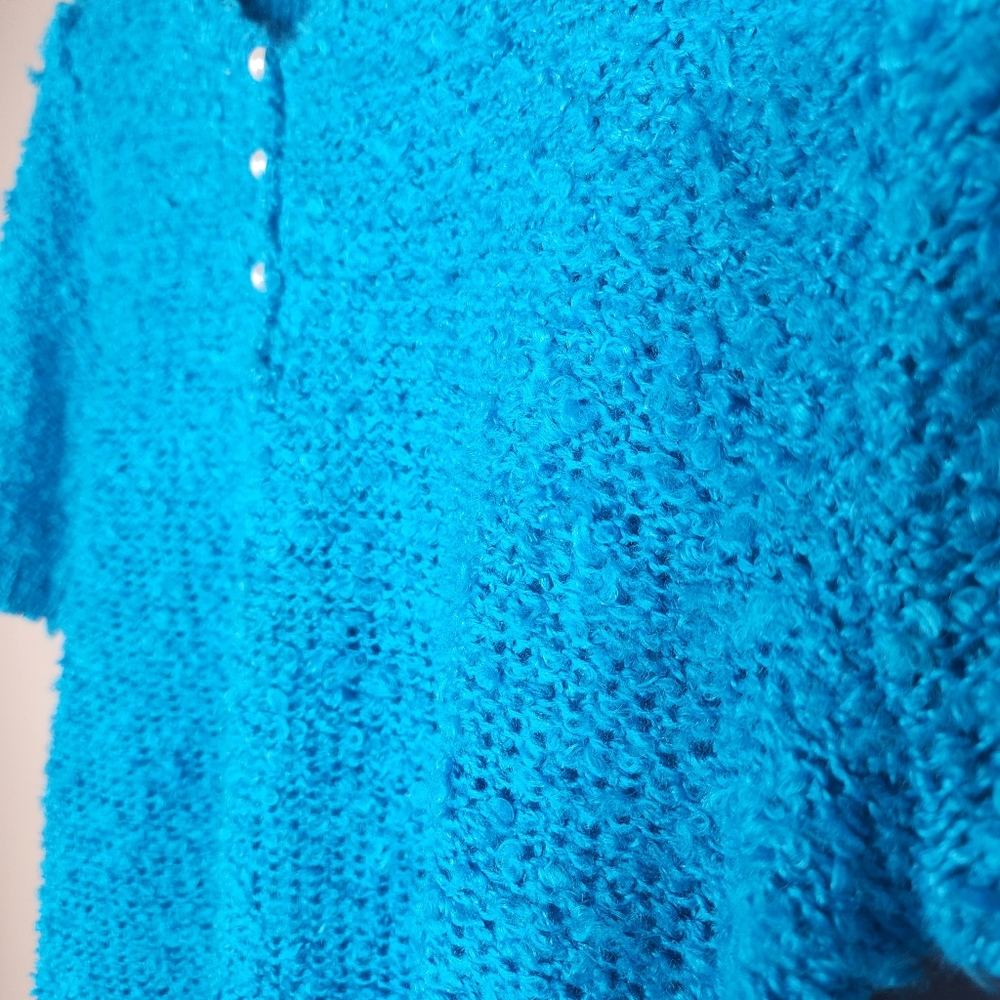 Margules Vintage Blue Sweater Size Medium Short Puffy Sleeves 3 Button - Picture 2 of 5